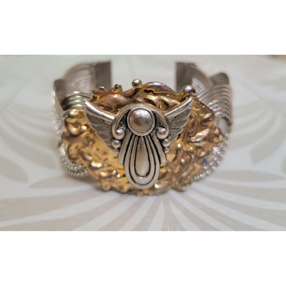 Vintage Mixed Metal Angel Cuff Bracelet Woven Wire Boho Guardian Angel